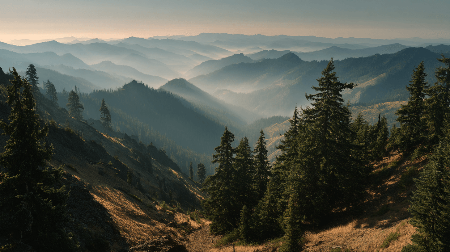 Misty Pacific Northwest hiking trail with mountain views